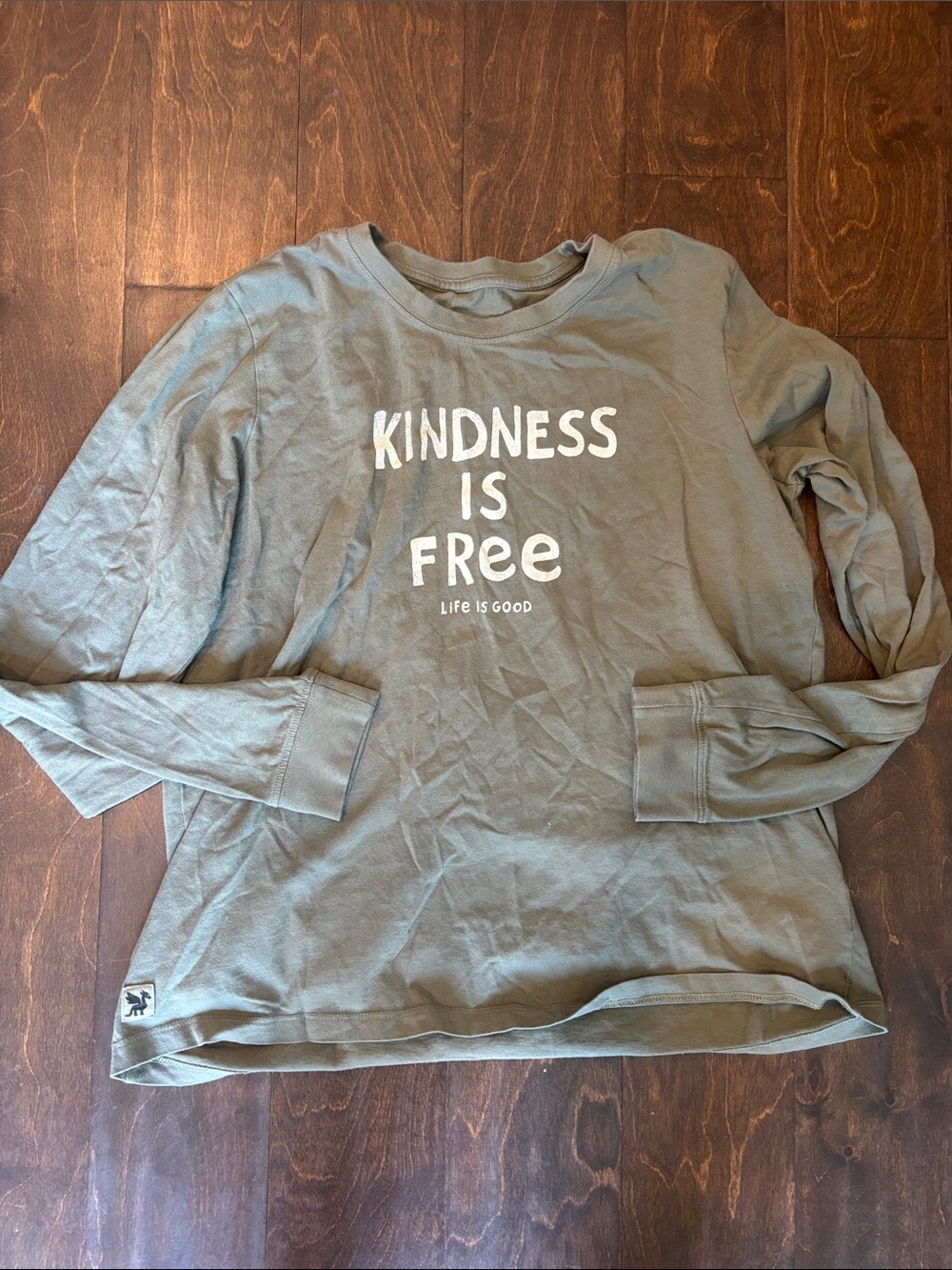 Life Is Good Olive Green Long Sleeve Tee with 'Kindness Is Free' Graphic
